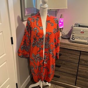 Chicos kimono, orient list jacquard, 3/4 sleeve jacket, orange spice